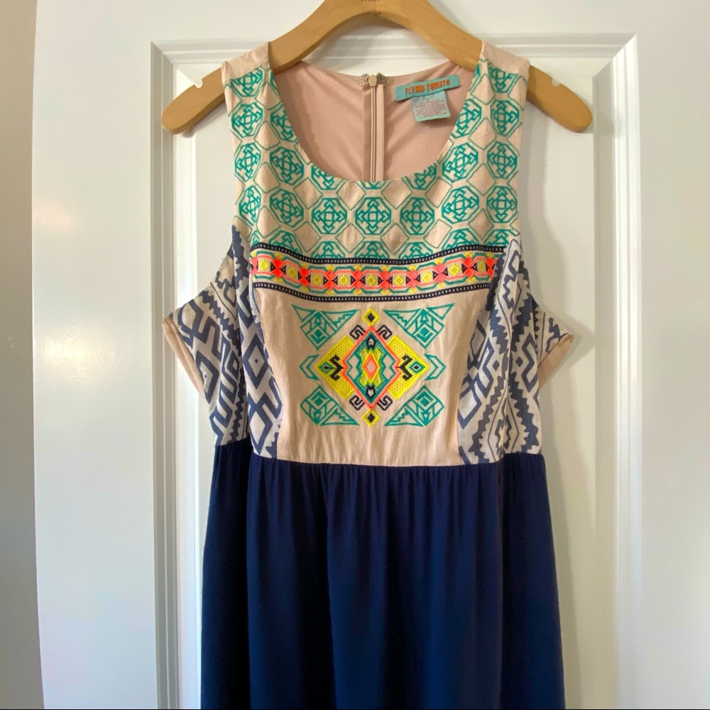 Flying Tomato Tribal/Aztec Embroidered Maxi Dress Navy & Creamy Tan
